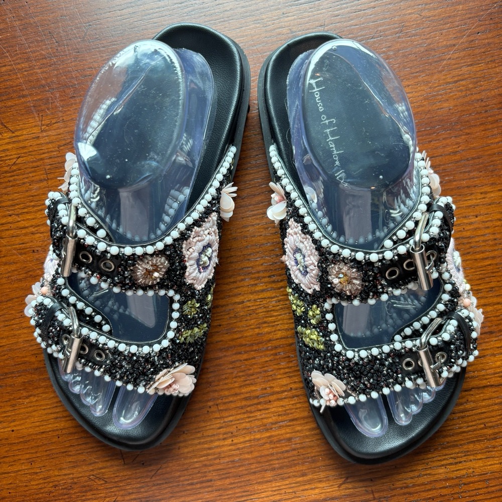 House of Harlow 1960 Women's Romantic Black Beaded Floral Buckle Slide Sandals 8 - Picture 6 of 12